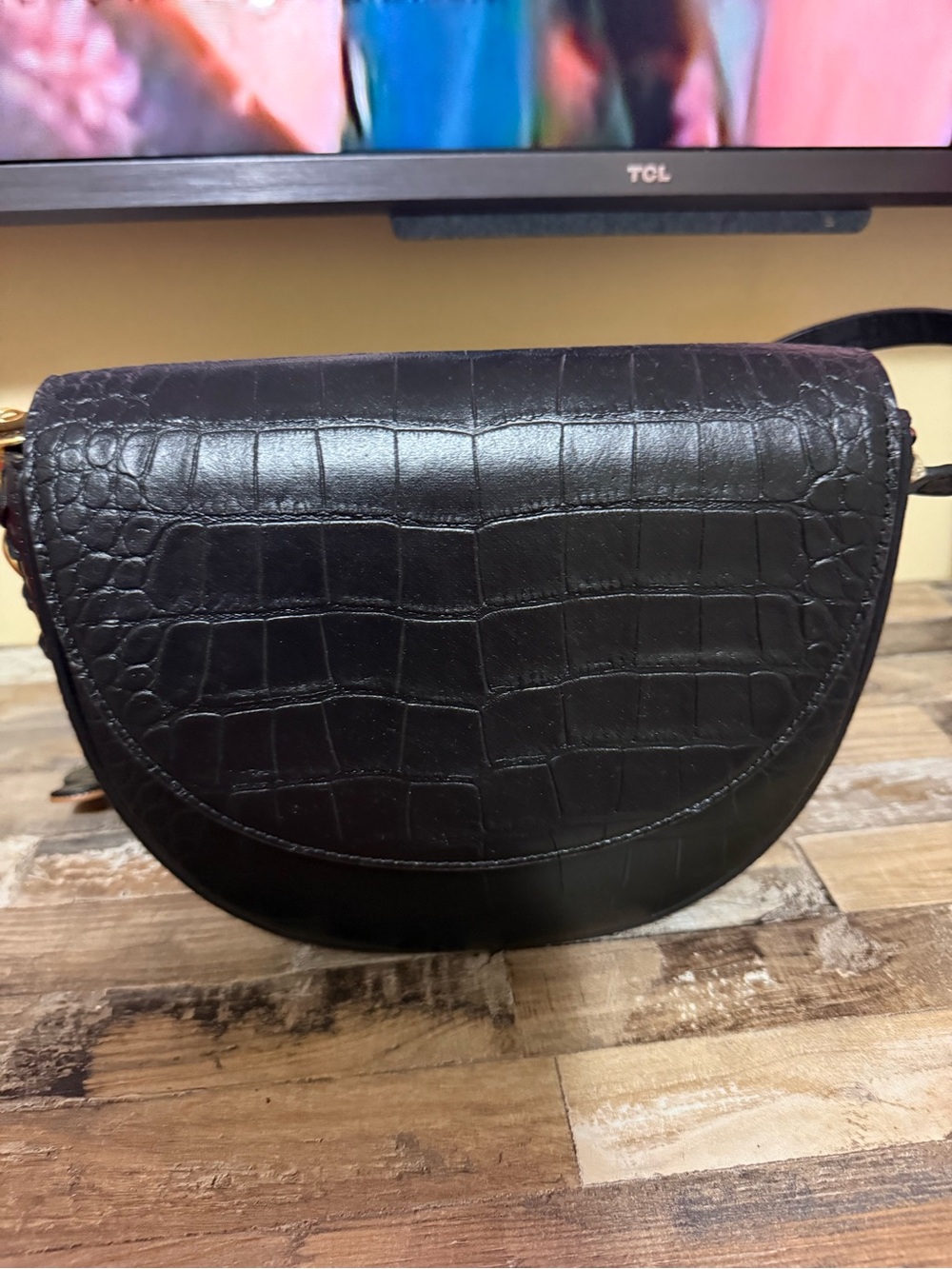 Stella McCartney Black Croc-Embossed Half-Moon Shoulder Bag